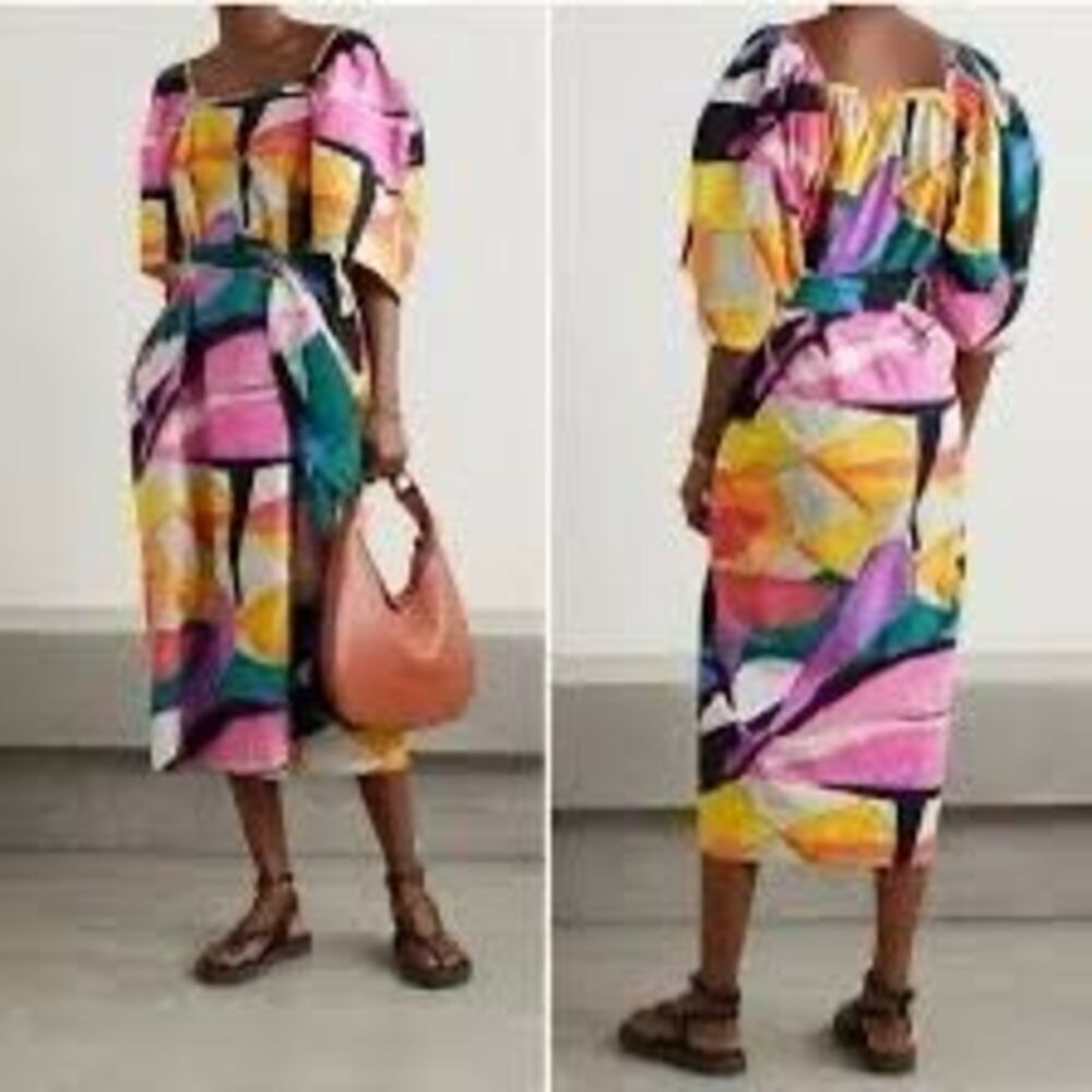 Mara Hoffman Multicolor Sara Printed Puff Sleeve Cotton Poplin Midi Dress Sz XXS